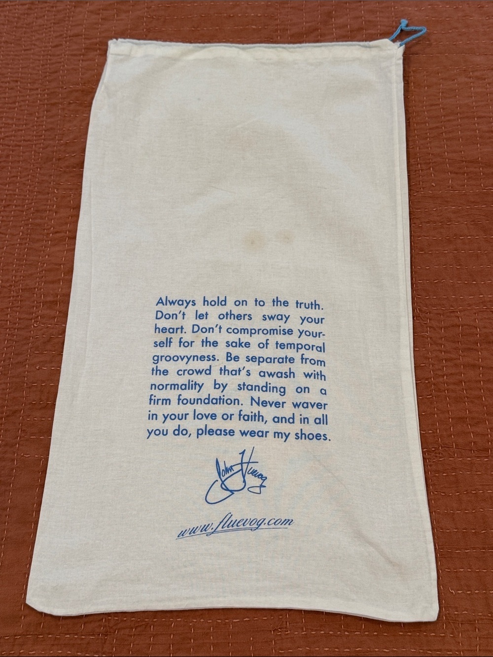 John Fluevog shoe / boot cotton Dust Bag with Blue Print message